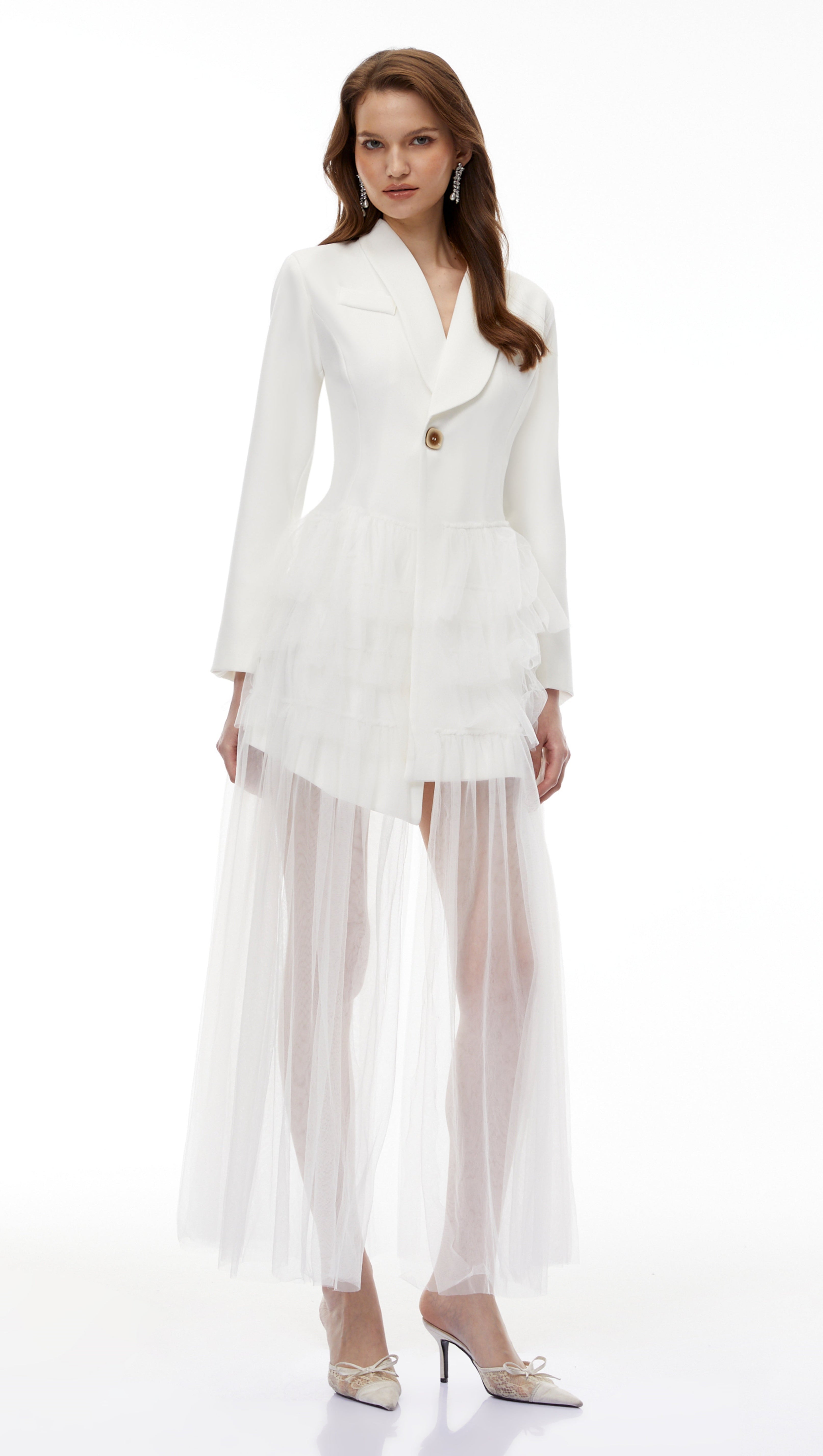 Illyria White Blazer Maxi Dress with Ruffled Tulle