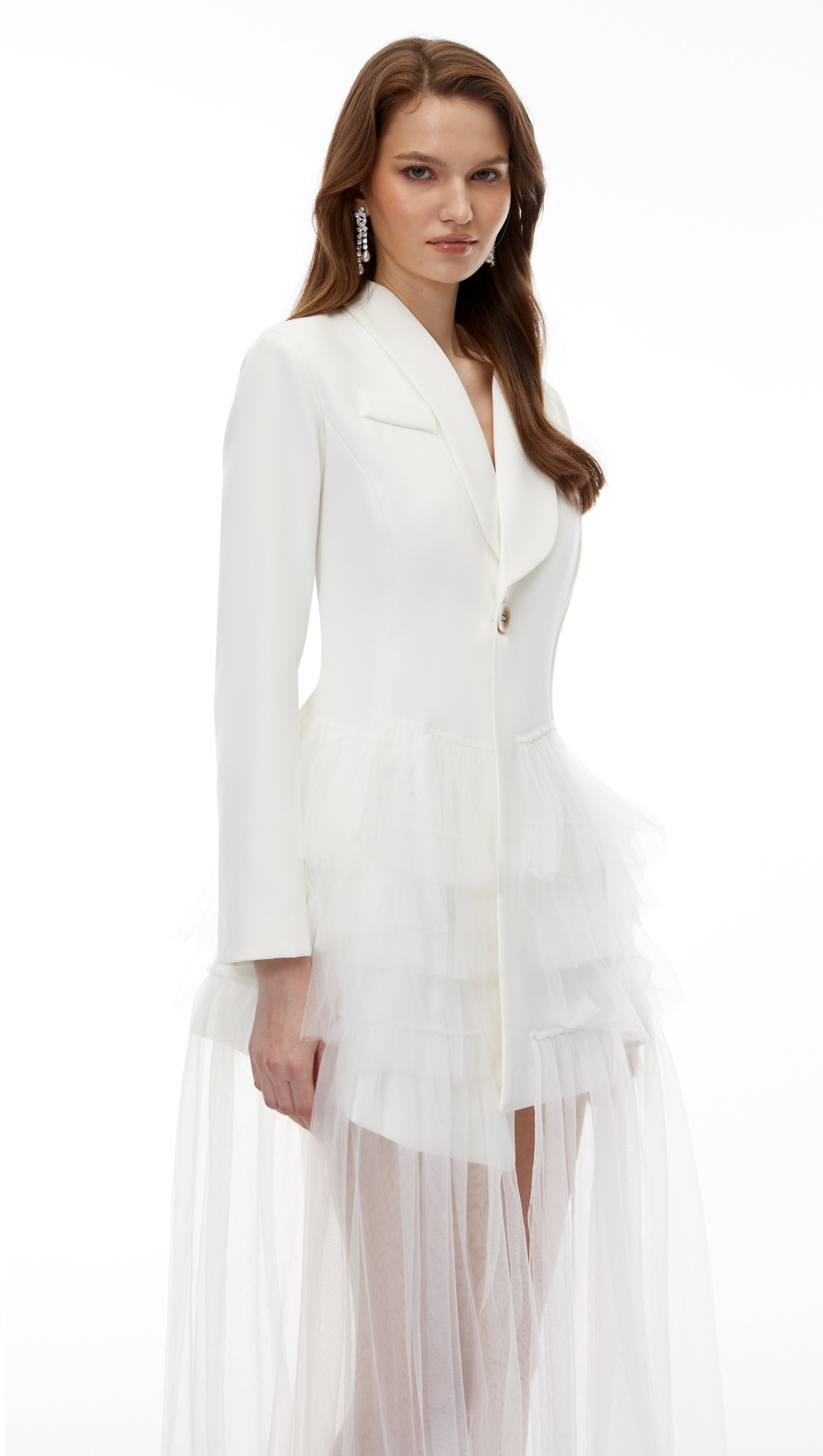 Illyria White Blazer Maxi Dress with Ruffled Tulle