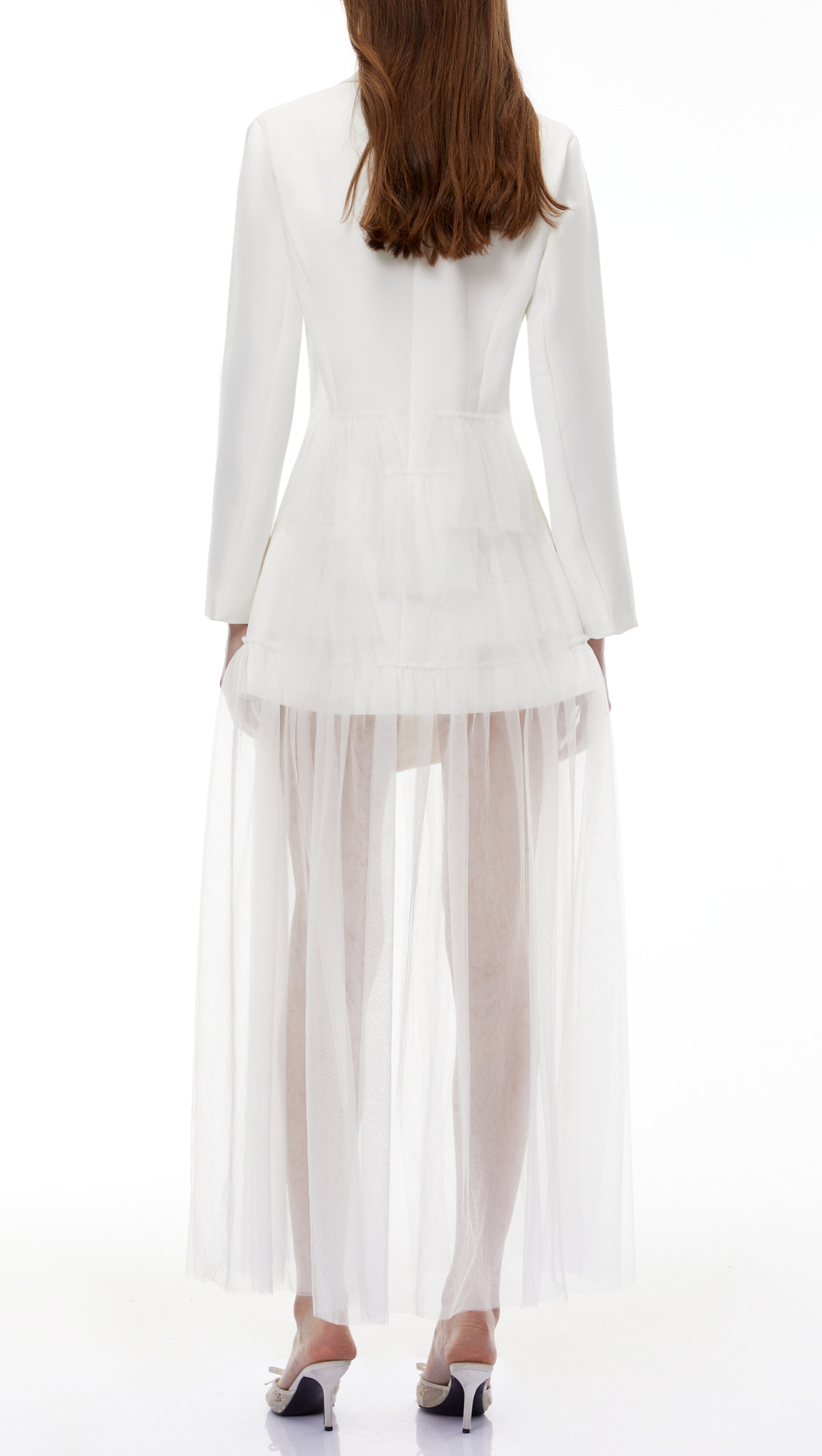 Illyria White Blazer Maxi Dress with Ruffled Tulle