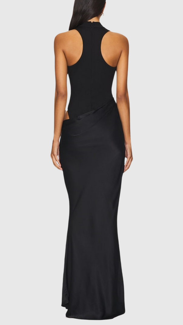 AIIZIE ILYA ASYMMETRICAL CUTOUT SATIN MAXI DRESS IN BLACK - product image
