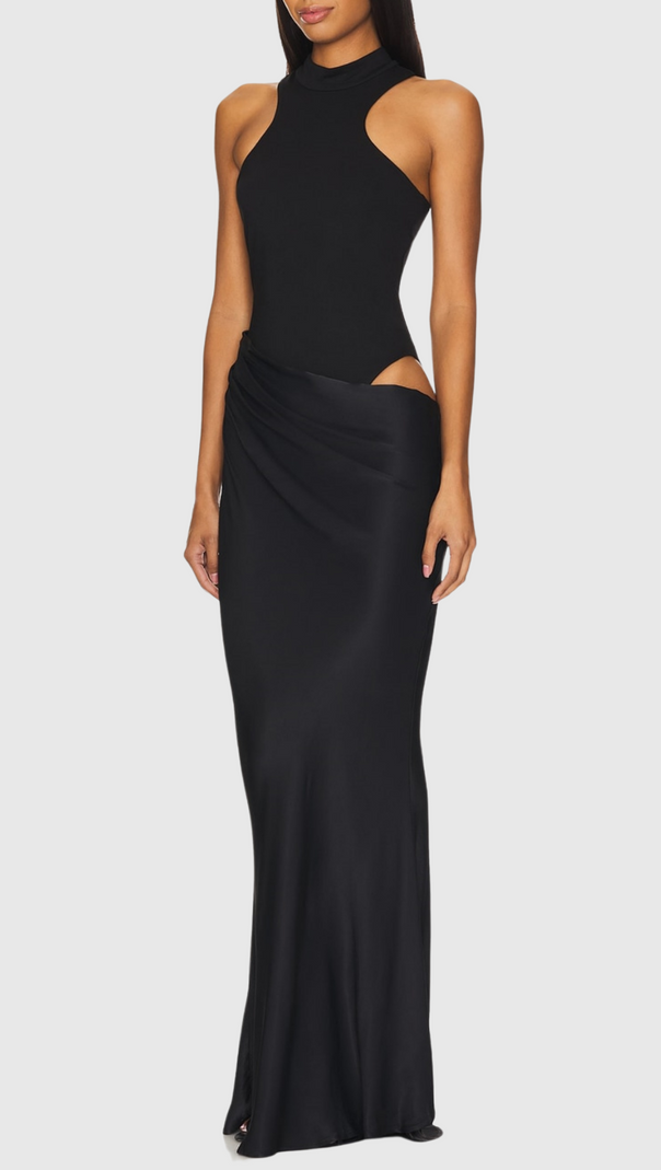 AIIZIE ILYA ASYMMETRICAL CUTOUT SATIN MAXI DRESS IN BLACK - product image