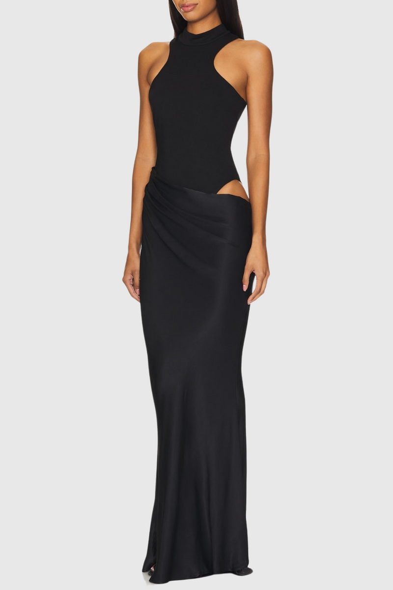 Ilya Asymmetrical Cutout Satin Maxi Dress in Black