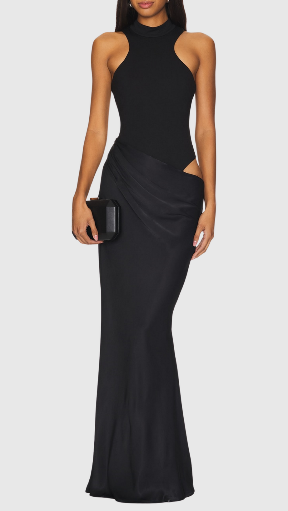 ABITO LUNGO IN RASO NERO CON TAGLIO ASIMMETRICO ILYA