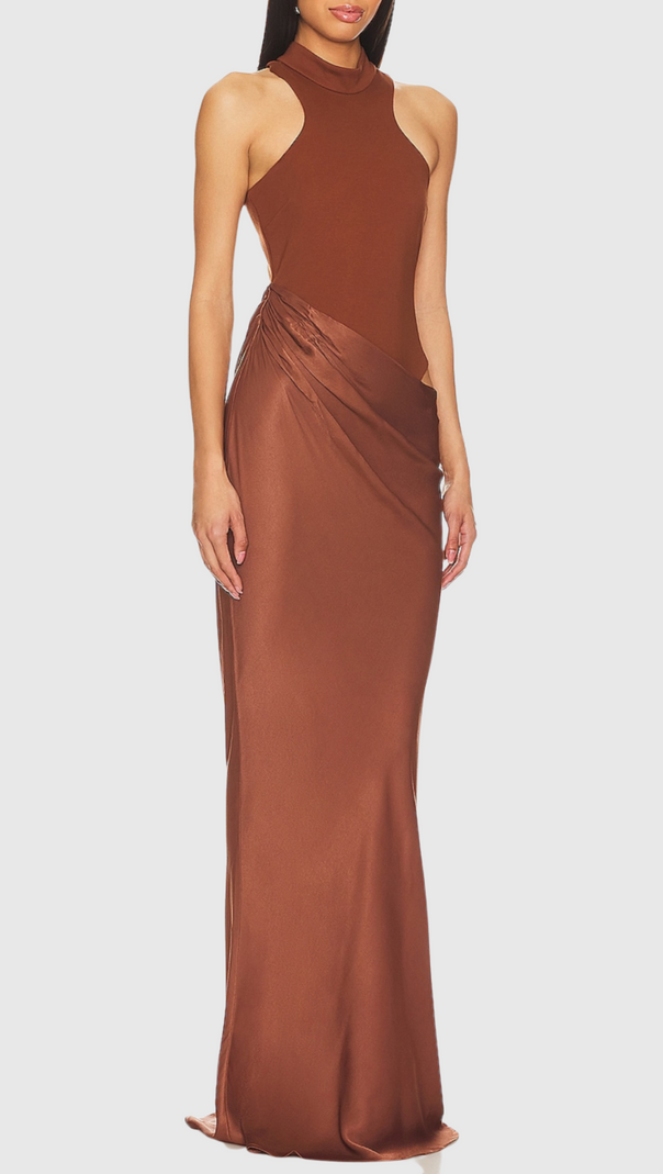AIIZIE ILYA ASYMMETRICAL CUTOUT SATIN MAXI DRESS IN BROWN - product image