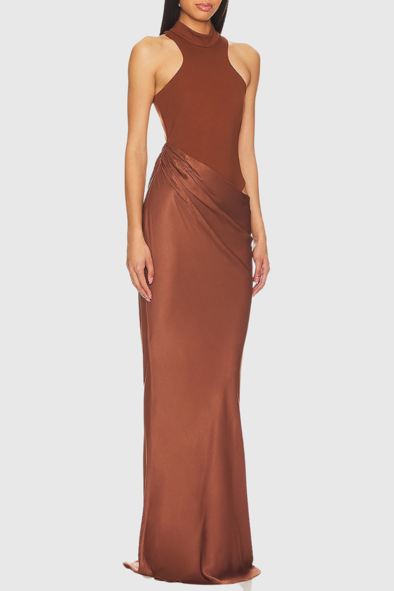 Ilya Asymmetrical Cutout Satin Maxi Dress in Brown