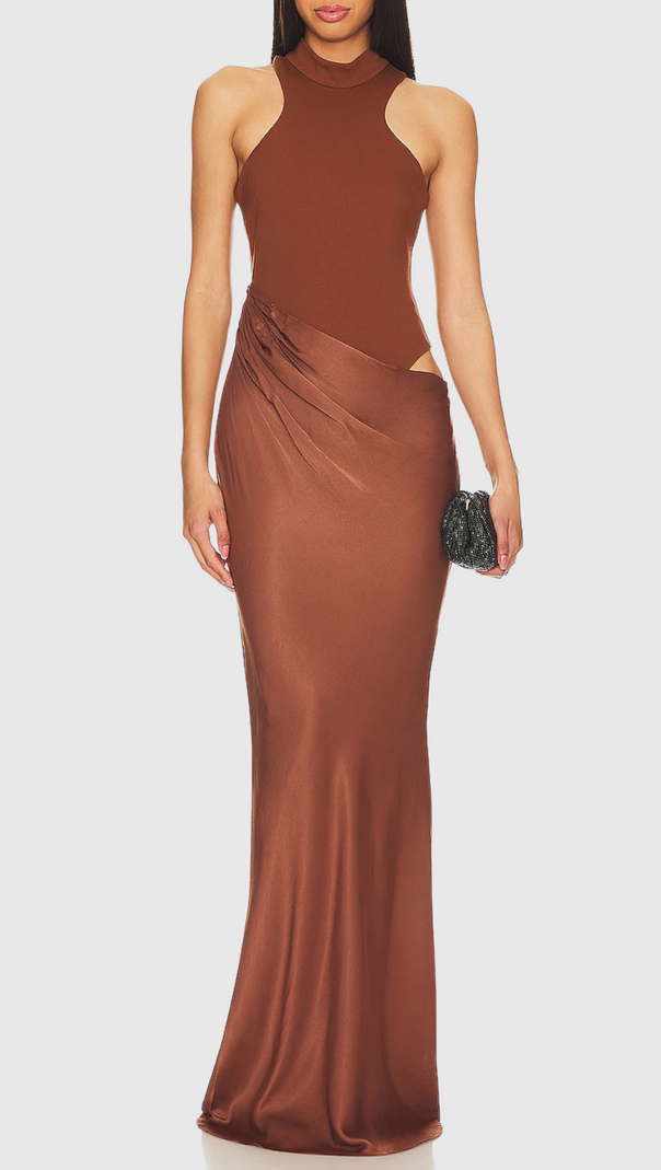AIIZIE ILYA ASYMMETRICAL CUTOUT SATIN MAXI DRESS IN BROWN - product image