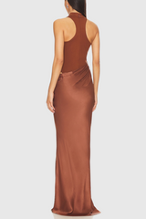 Ilya Asymmetrical Cutout Satin Maxi Dress in Brown