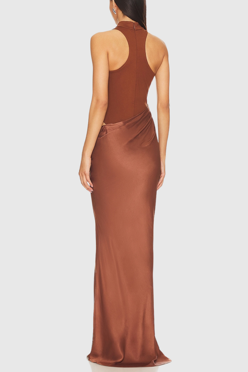 Ilya Asymmetrical Cutout Satin Maxi Dress in Brown