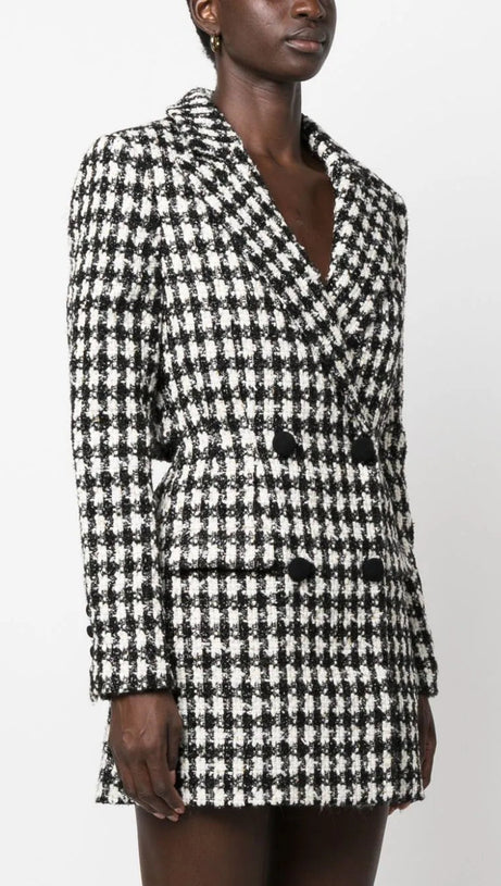 BLACK CHECK BOUCLE TAILORED MINI DRESS