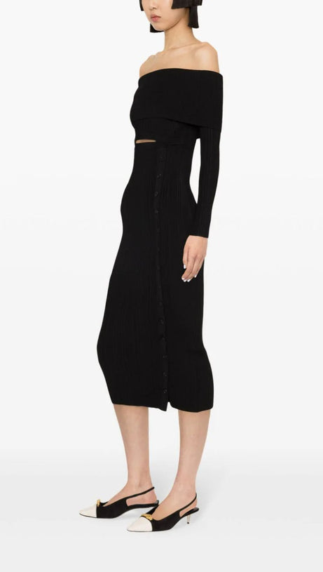 BLACK OFF SHOULDER KNIT MIDI DRESS