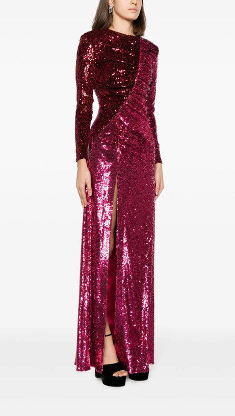 ABITO LUNGO CON PAILLETTES E RUCHES BORDEAUX