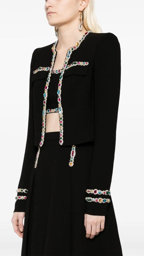 CRYSTAL-EMBELLISHED CADY CROPPED JACKET SKIRT SUIT