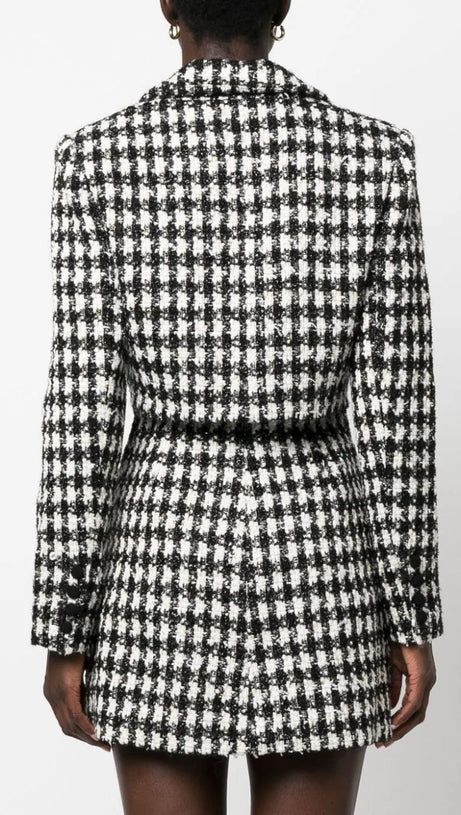 BLACK CHECK BOUCLE TAILORED MINI DRESS