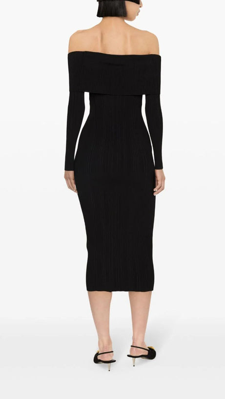 BLACK OFF SHOULDER KNIT MIDI DRESS