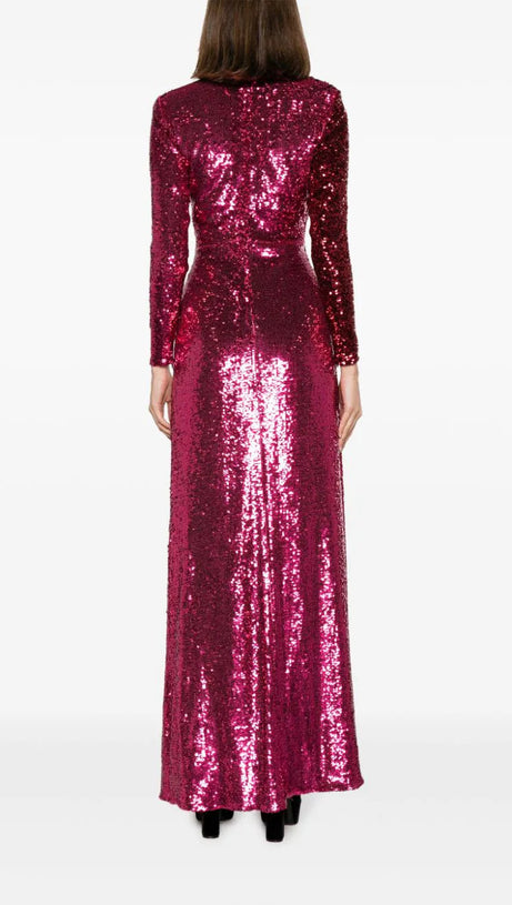 ABITO LUNGO CON PAILLETTES E RUCHES BORDEAUX