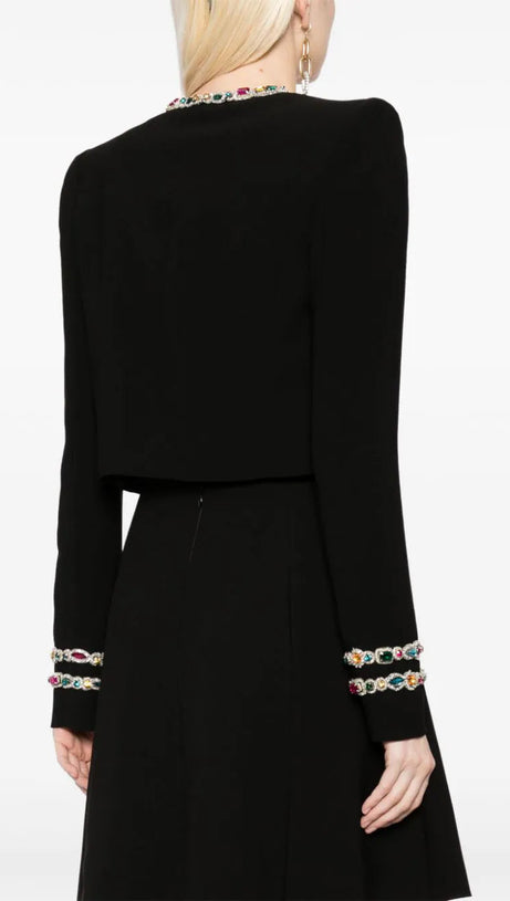 CRYSTAL-EMBELLISHED CADY CROPPED JACKET SKIRT SUIT