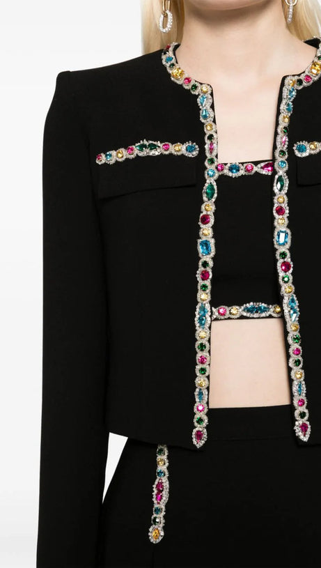 CRYSTAL-EMBELLISHED CADY CROPPED JACKET SKIRT SUIT