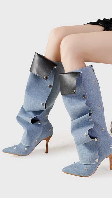 Isabela Kniehohe Denim-Stiefel mit geraffter Applikation - Blau