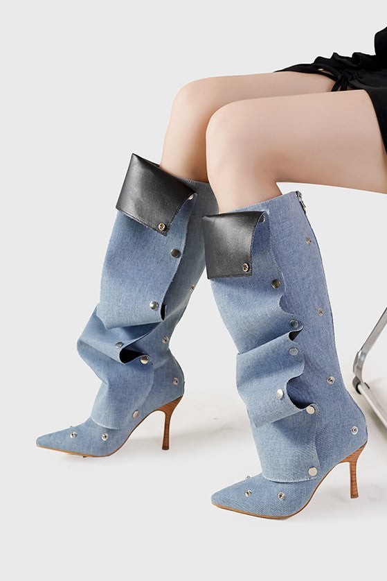 AIIZIE ISABELA APPLIQUÉ RUCHED DENIM KNEE-HIGH BOOTS - BLUE - product image