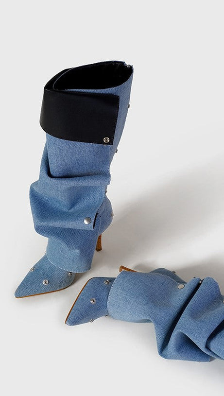 Isabela Kniehohe Denim-Stiefel mit geraffter Applikation - Blau