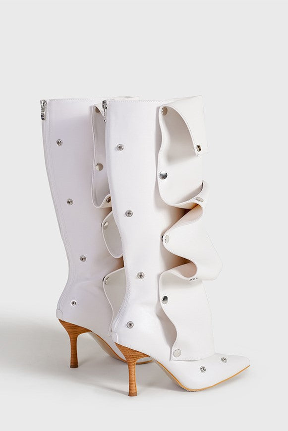 ISABELA APPLIZIERTE RAFFUNG KNIEHOHE STIEFEL – WEISS