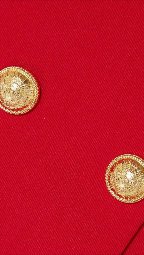 HELEN ROTES, ZWEIREIHIGES, ÄRMELLOSES MINIKLEID MIT METALLKNÖPFEN