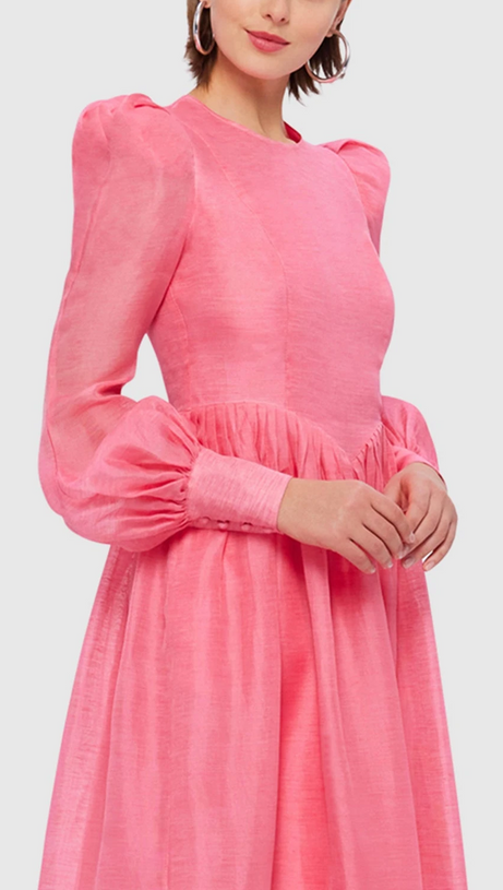DELIA PINK LANTERN SLEEVE ROUND NECK MIDI DRESS