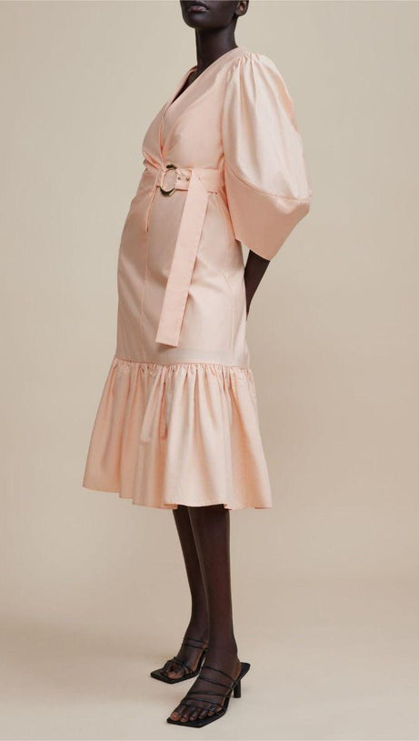 ANTONIA PINK PUFF SLEEVE RUFFLE MIDI DRESS