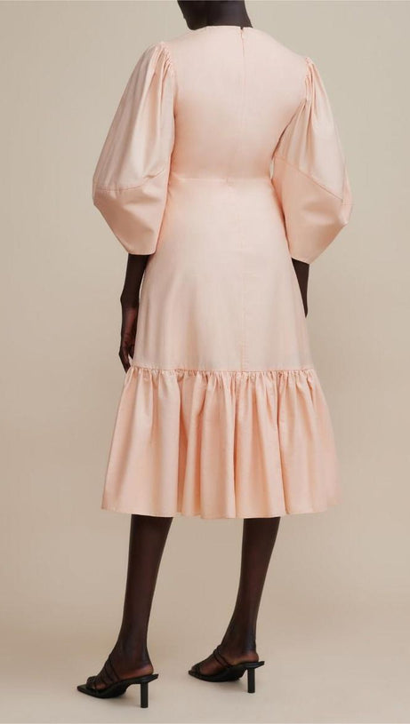 ANTONIA PINK PUFF SLEEVE RUFFLE MIDI DRESS