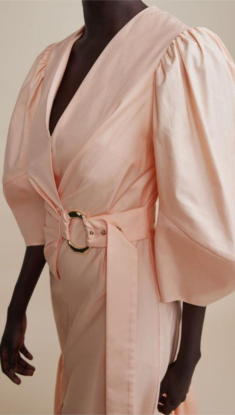 ANTONIA PINK PUFF SLEEVE RUFFLE MIDI DRESS