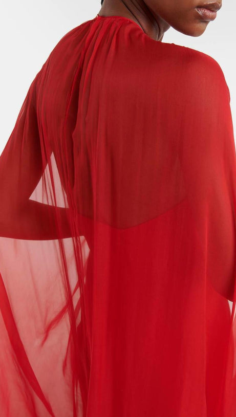 QUEENA 3D FLOWER SOLID CAPE SLEEVE MIDI DRESS IN RED