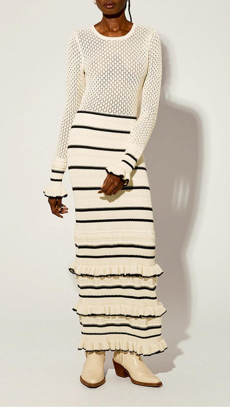 BRIDGET KNIT STRIPE FRILL MIDI DRESS IN WHITE