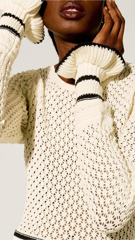 BRIDGET KNIT STRIPE FRILL MIDI DRESS IN WHITE