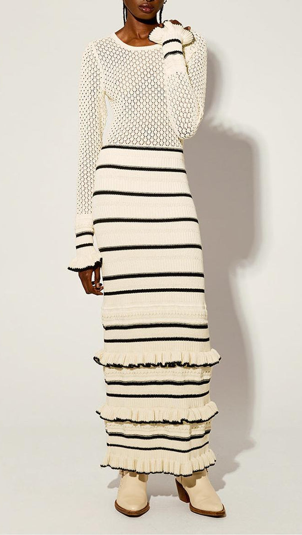 AIIZIE BRIDGET KNIT STRIPE FRILL MIDI DRESS IN WHITE - product image