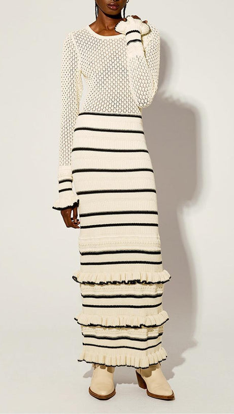 BRIDGET KNIT STRIPE FRILL MIDI DRESS IN WHITE