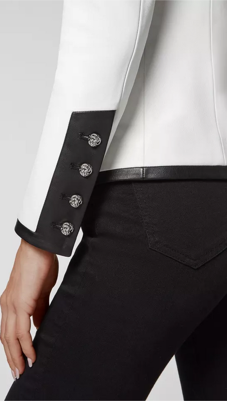 PU LEATHER RHINESTONE BOTTOM BLAZER IN WHITE