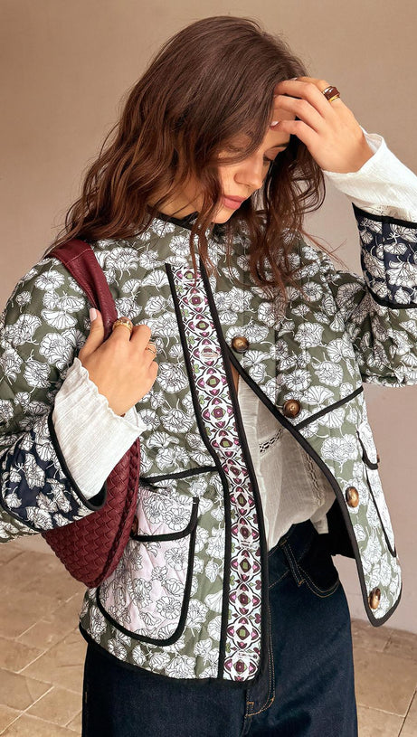 MULTICOLOR FLORAL POCKET QUILTED COAT
