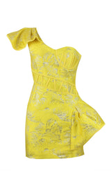 JACQUARD ONE SHOULDER MINI DRESS IN YELLOW