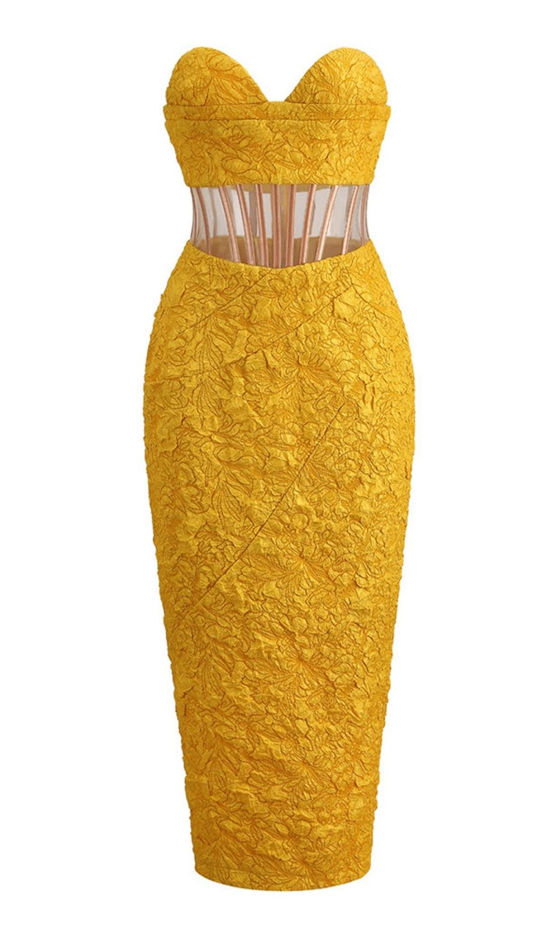 JACQUARD STRAPLESS MIDI DRESS IN YELLOW