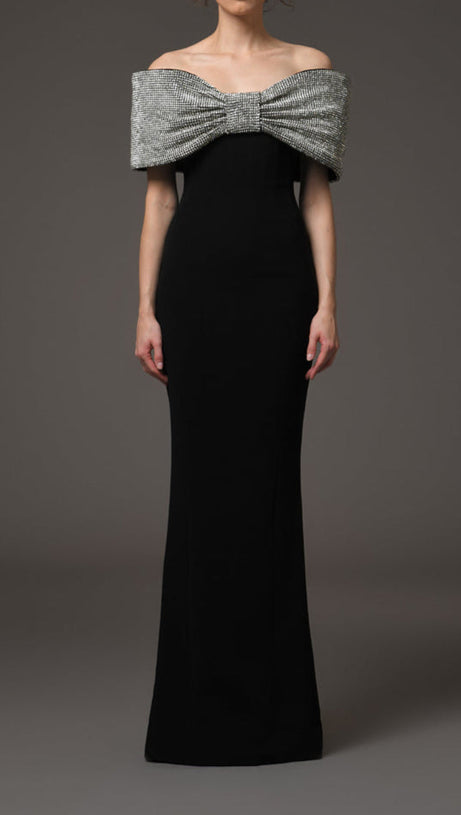CRYSTAL BOW CRÊPE MAXI DRESS IN BLACK
