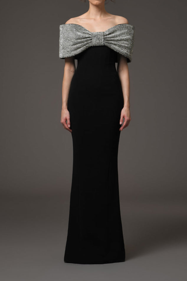 AIIZIE CRYSTAL BOW CRÊPE MAXI DRESS IN BLACK - product image