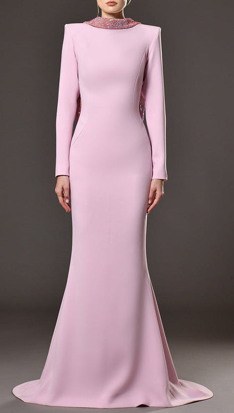 violet Pink crêpe maxi dress with crystal chainmail flower