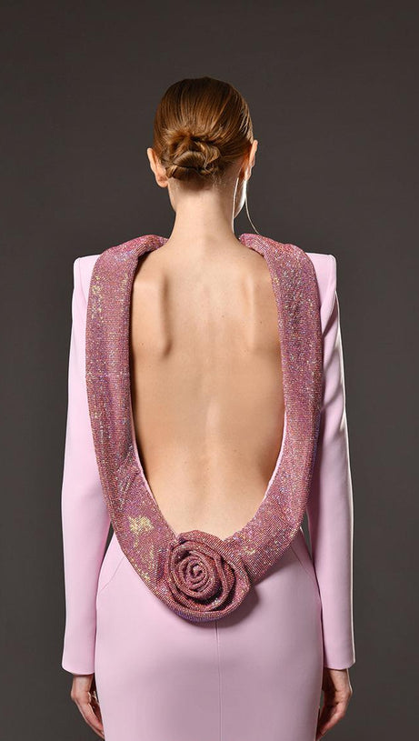 violet Pink crêpe maxi dress with crystal chainmail flower