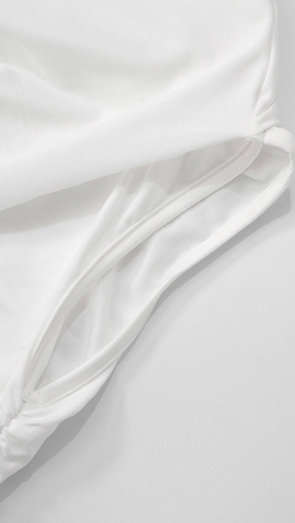 AIIZIE ZENOBIA ASYMMETRIC SHAWL ONE SHOULDER RUCHED MINI DRESS IN WHITE - product image