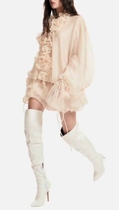 JAKETTA FLOWER RUFFLE MINI DRESS IN BEIGE