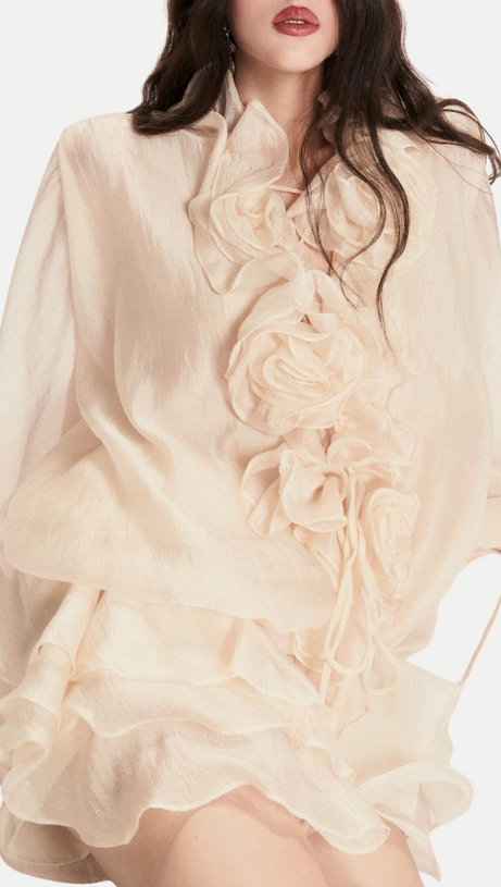 JAKETTA FLOWER RUFFLE MINI DRESS IN BEIGE