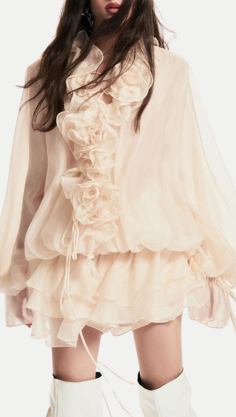 JAKETTA FLOWER RUFFLE MINI DRESS IN BEIGE