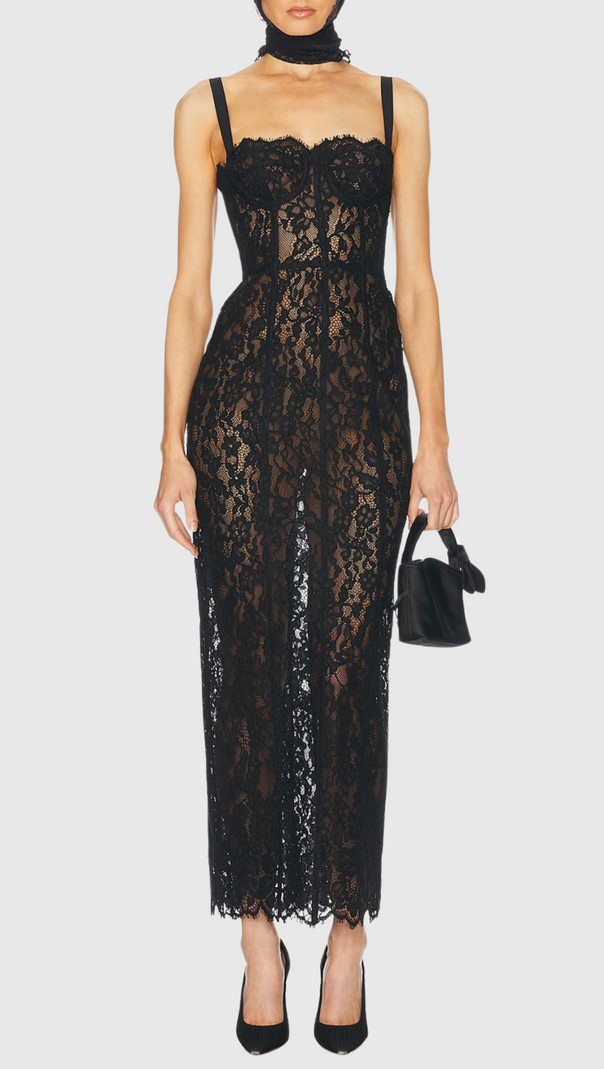 AIIZIE FREDA LACE CORSET MAXI DRESS IN BLACK - product image
