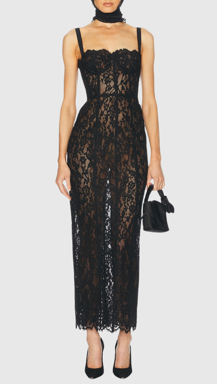 FREDA LACE CORSET MAXI DRESS IN BLACK