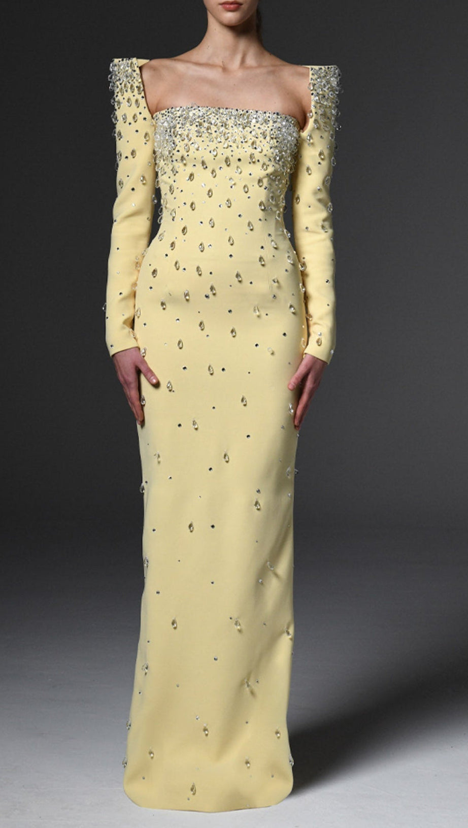lynn Square neck beaded rhinestone maxi dress - yellow